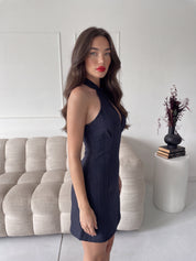 PREPPY - vestito mini corto in jeans gessato con scollo a goccia stile qipao