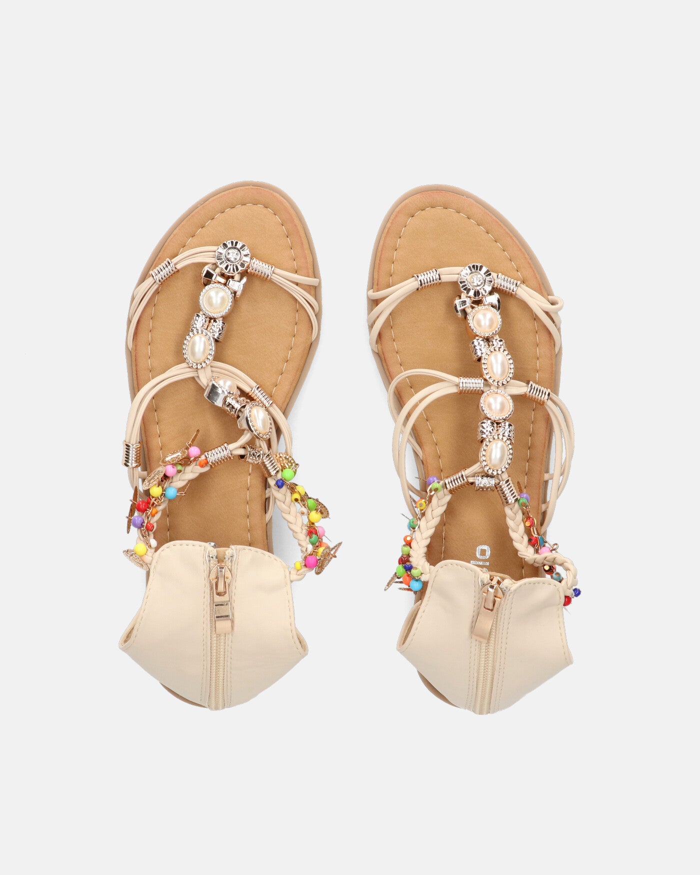 PAULA - sandali aperti beige con cerniera posteriore e gemme colorate