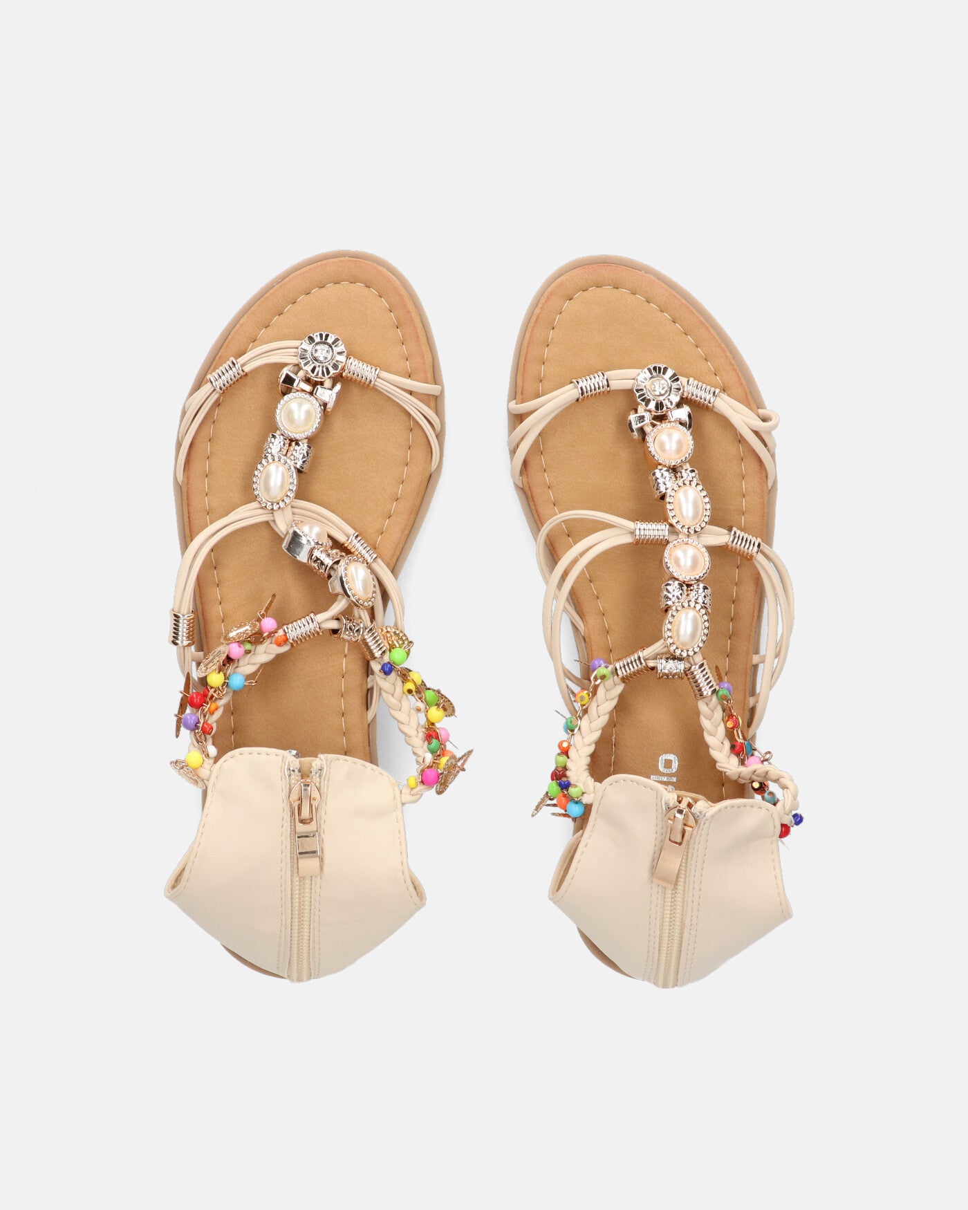 PAULA - beige open sandals with back zip and colored gems