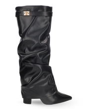 AVERY - Stivale nero arricciato in ecopelle, dettaglio fibbia oro