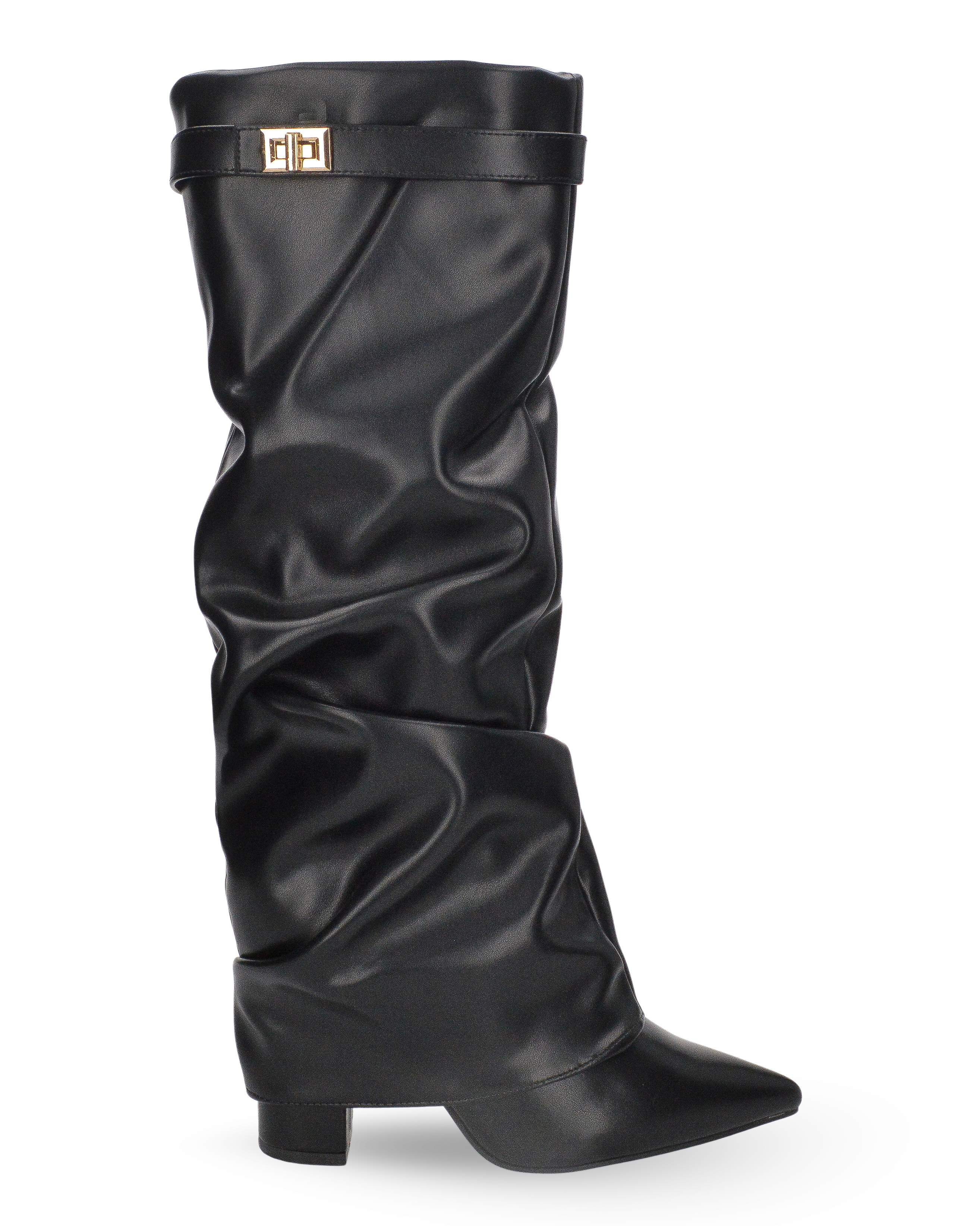 AVERY - Stivale nero arricciato in ecopelle, dettaglio fibbia oro
