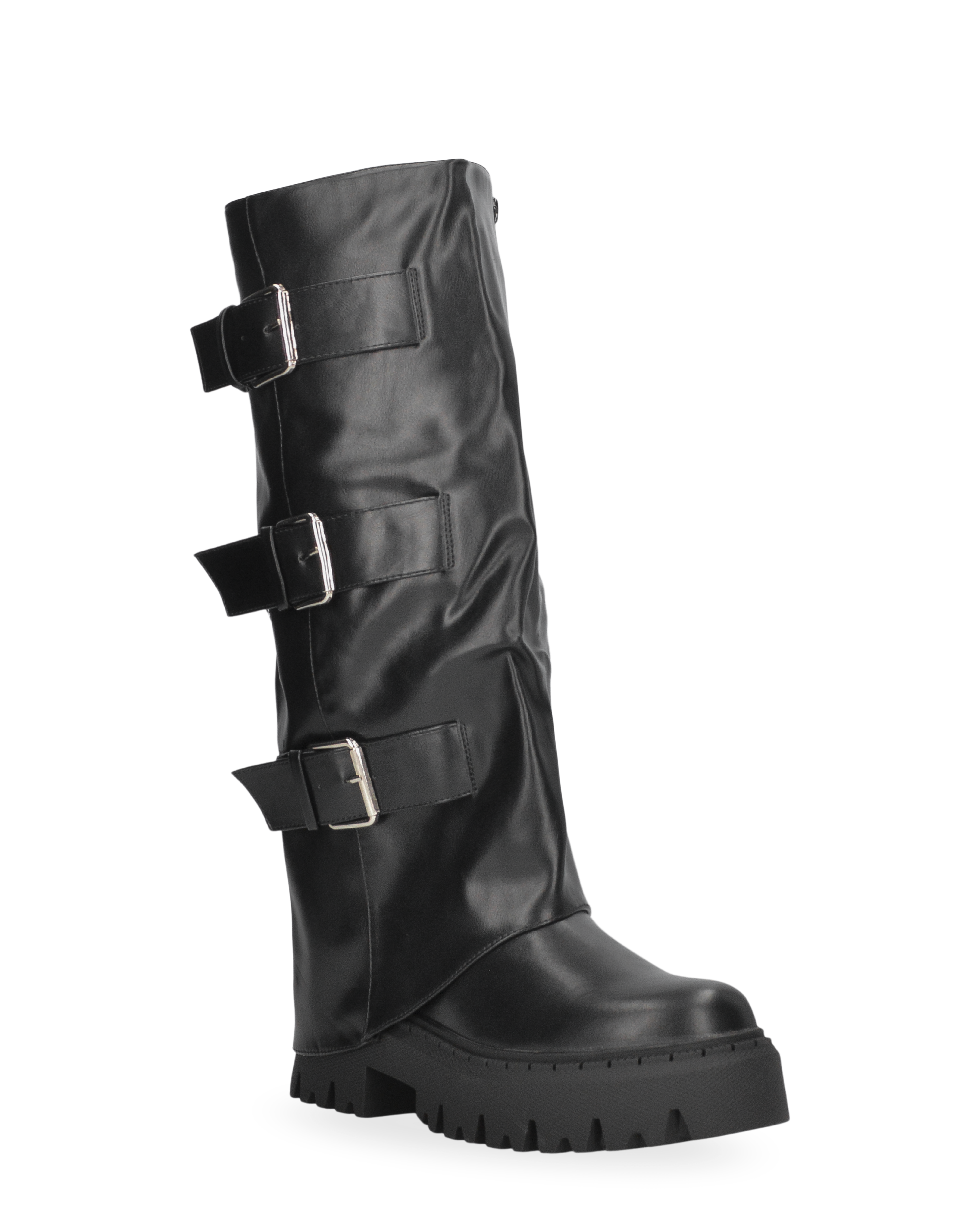 CATIA - stivali neri platform con risvolto e cinturini regolabili in finta pelle