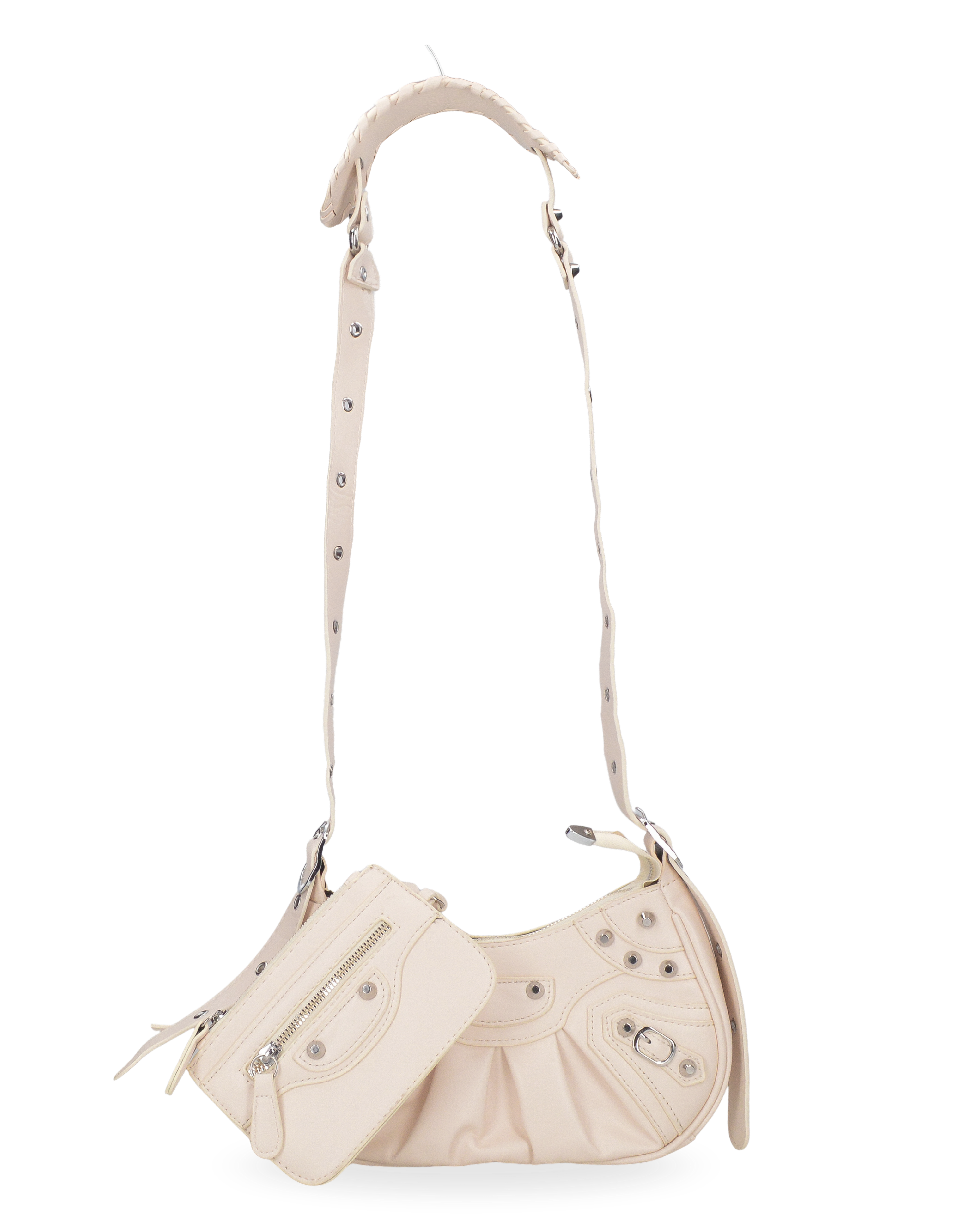 CHARA - borsa a tracolla beige chiaro con borchie argento e borsellino removibile