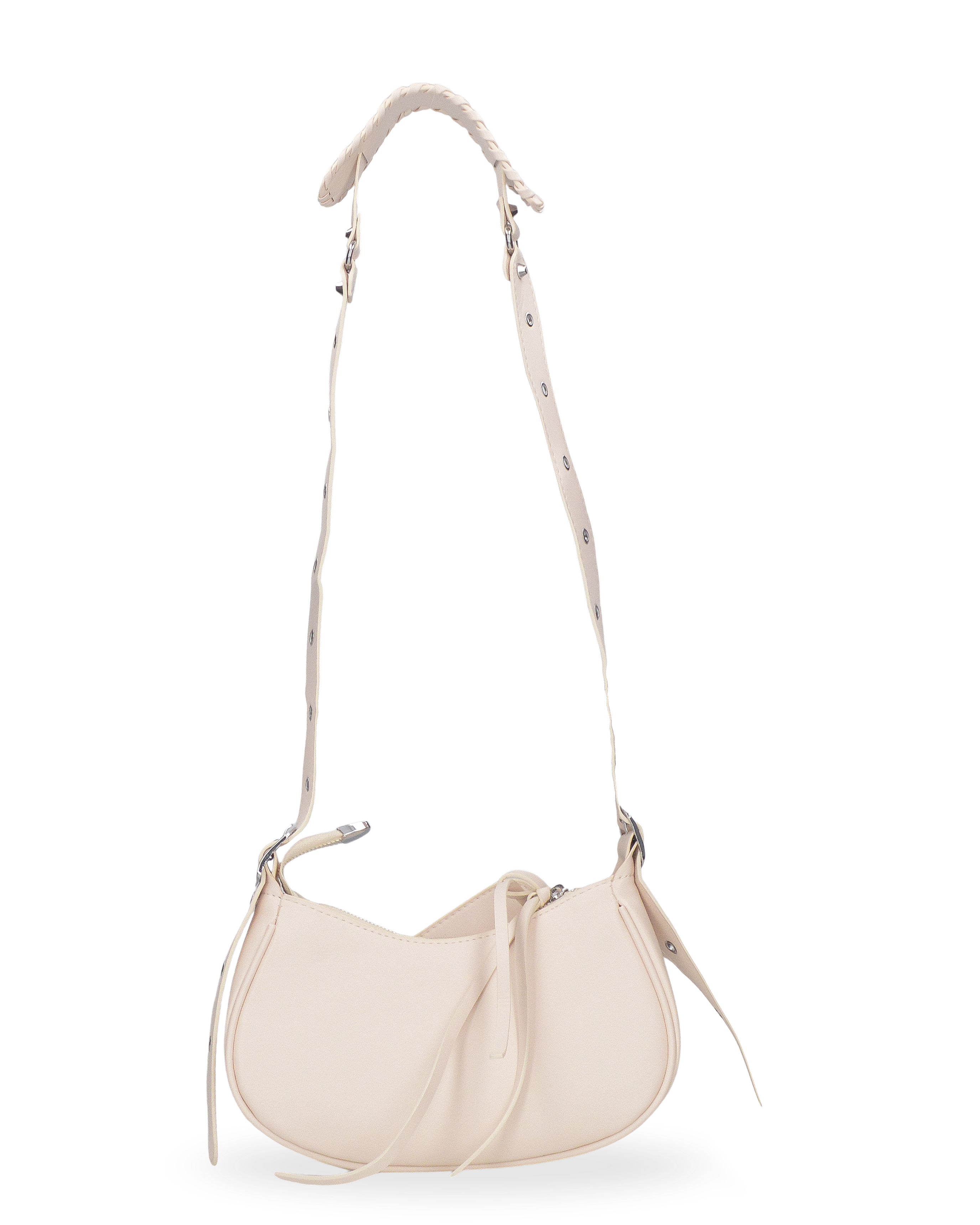 CHARA - borsa a tracolla beige chiaro con borchie argento e borsellino removibile