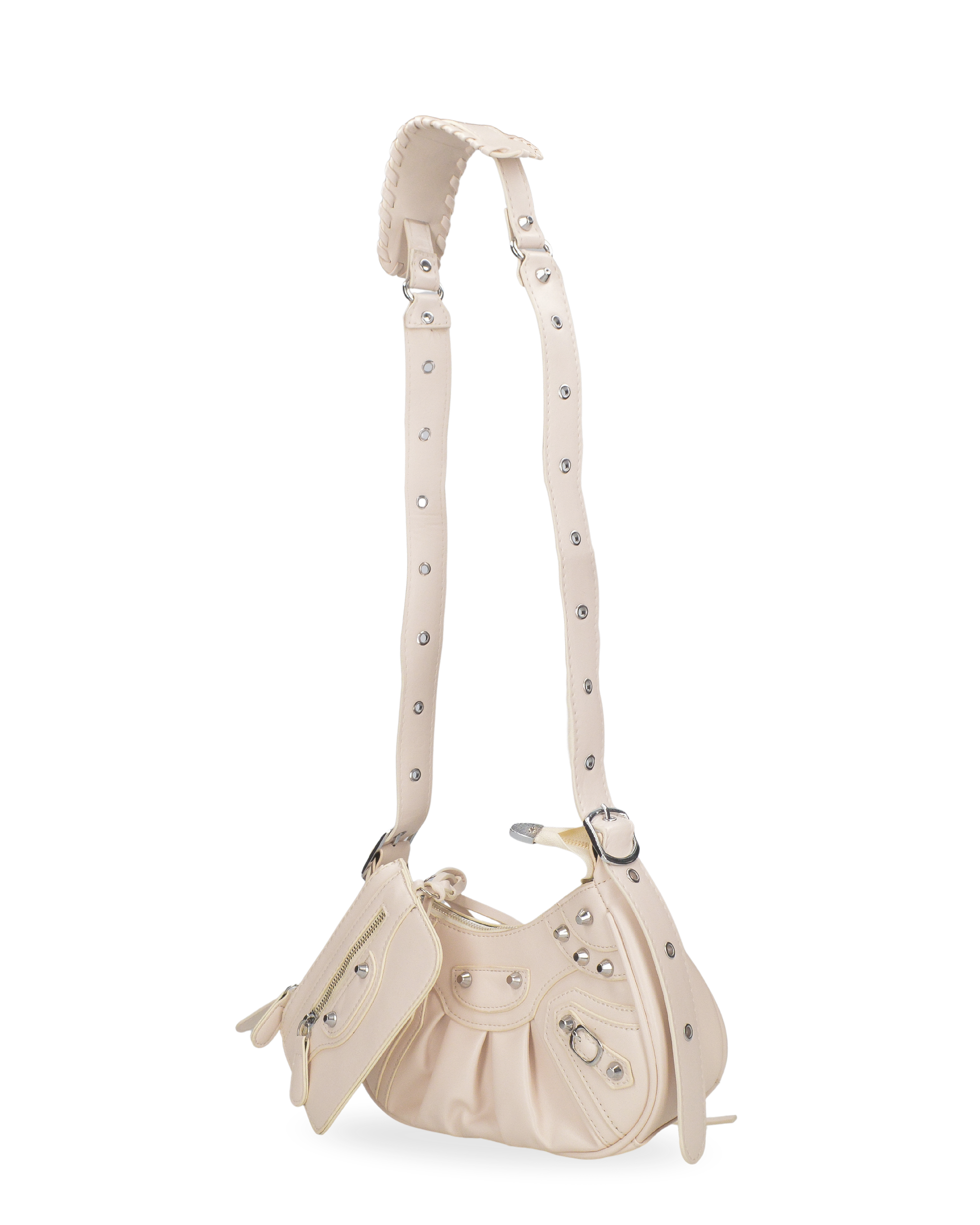 CHARA - borsa a tracolla beige chiaro con borchie argento e borsellino removibile