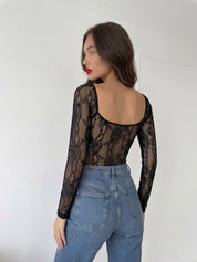 RANIE - body in pizzo nero con maniche lunghe