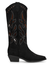 RISA - stivali texani alti neri in simil camoscio con ricami e lavorazione traforata