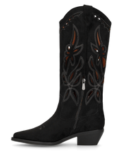 RISA - stivali texani alti neri in simil camoscio con ricami e lavorazione traforata