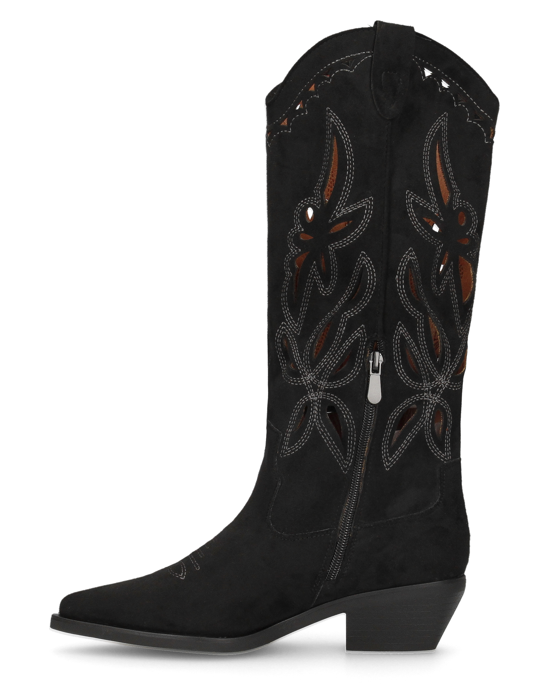 RISA - stivali texani alti neri in simil camoscio con ricami e lavorazione traforata