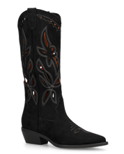 RISA - stivali texani alti neri in simil camoscio con ricami e lavorazione traforata