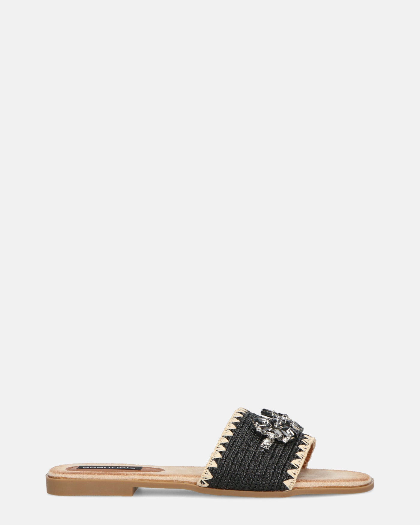 ROZENN - ciabattine beige con fascia nera ricamata e gemme