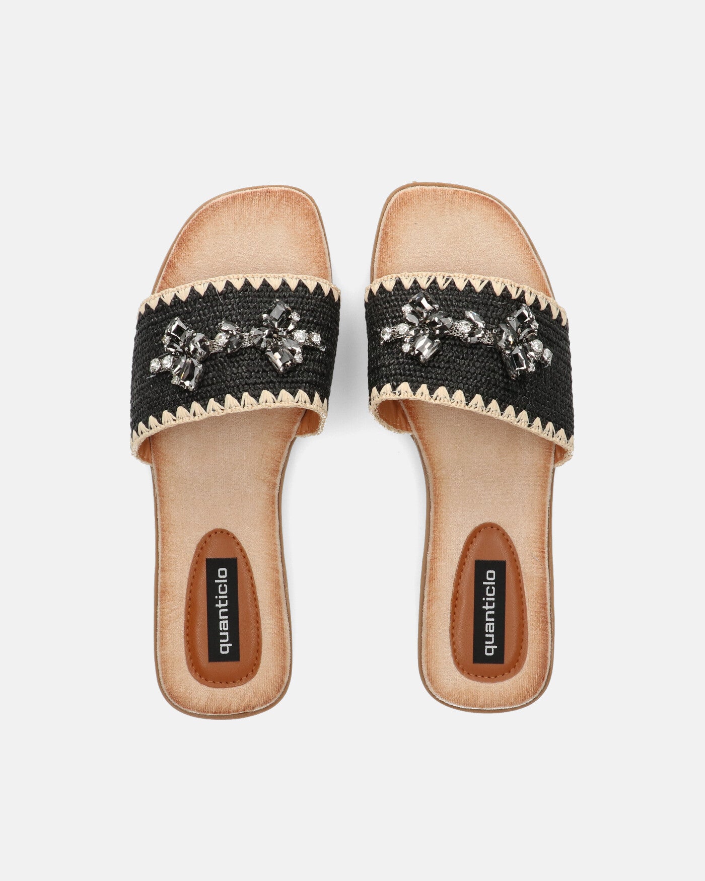 ROZENN - ciabattine beige con fascia nera ricamata e gemme