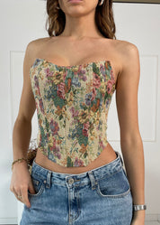 SAMMY - corpetto in tessuto jacquard floreale beige con allacciatura posteriore