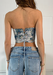 SAMMY - corpetto in tessuto jacquard floreale azzurro con allacciatura posteriore