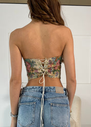 SAMMY - corpetto in tessuto jacquard floreale beige con allacciatura posteriore