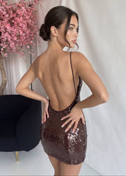 SASKIA - vestito mini in paillettes marrone con schiena scoperta