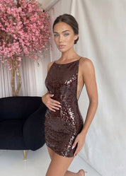 SASKIA - vestito mini in paillettes marrone con schiena scoperta