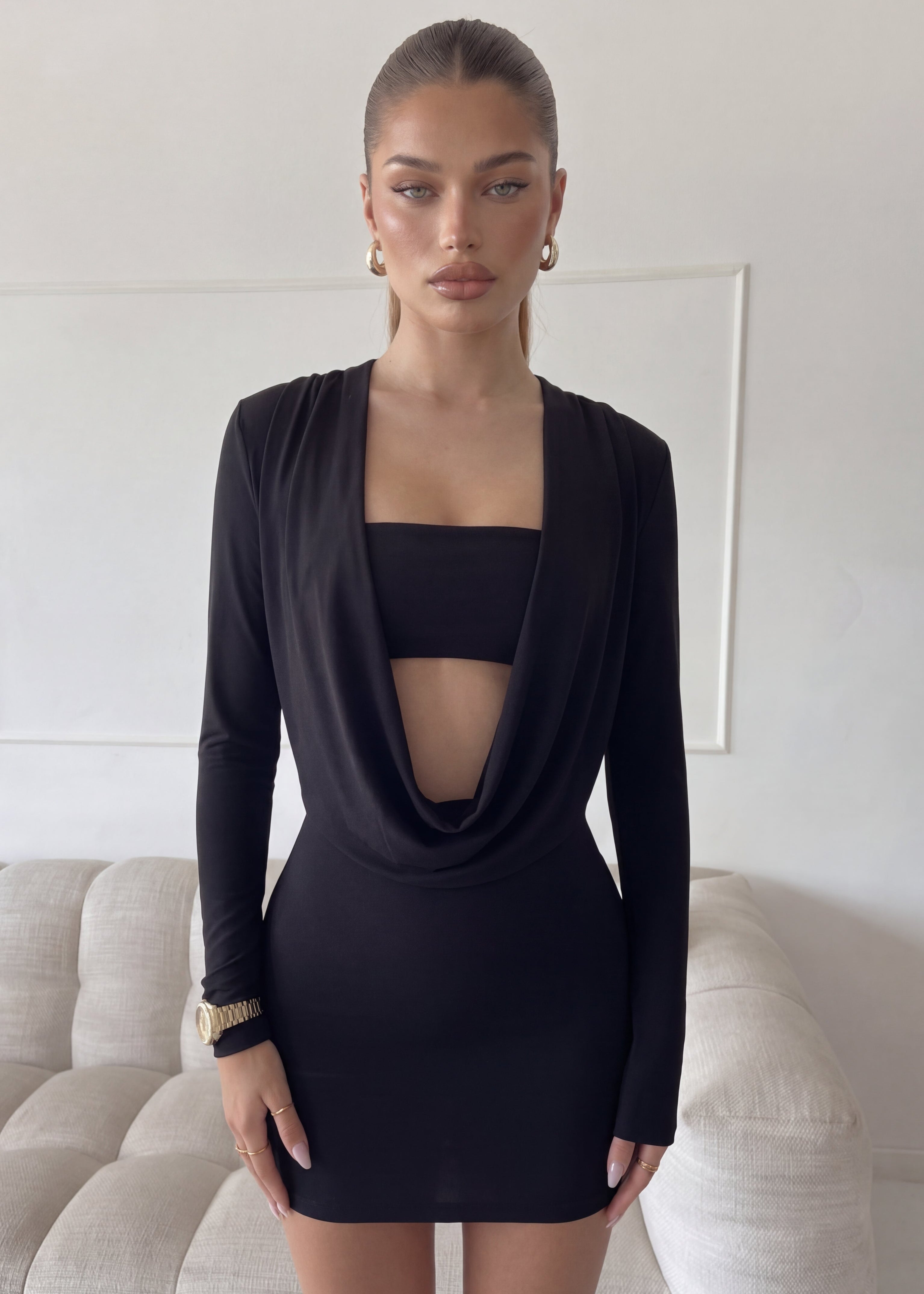 SETTY - vestito mini corto nero con scollo profondo drappeggiato e top