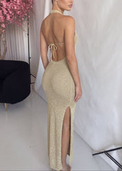 SOIZIC - vestito lungo in maglia lurex in oro