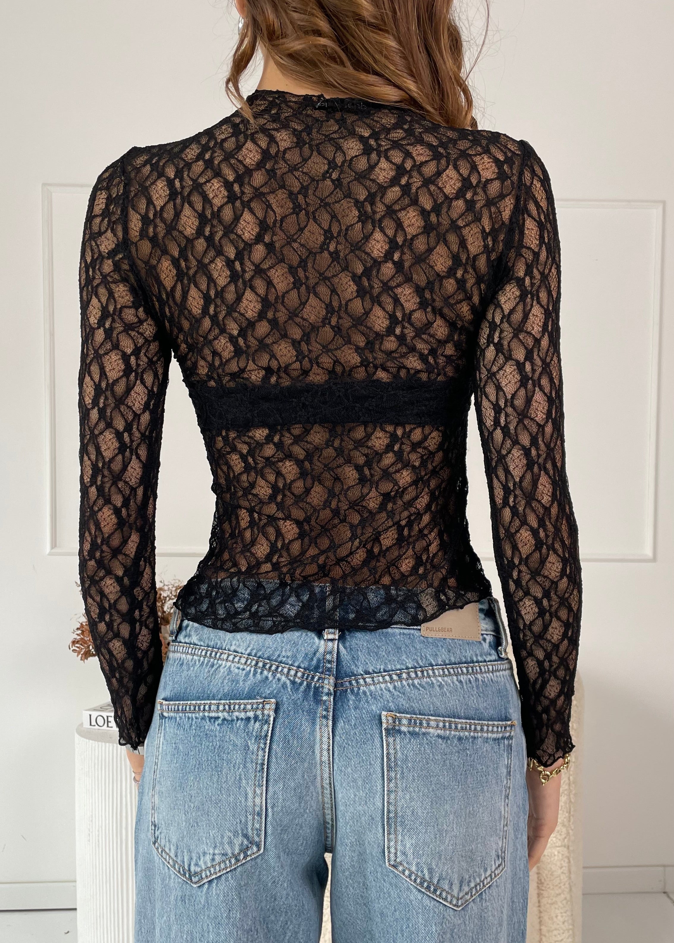 SOLTY - maglia di pizzo nera con mezzo collo e maniche lunghe