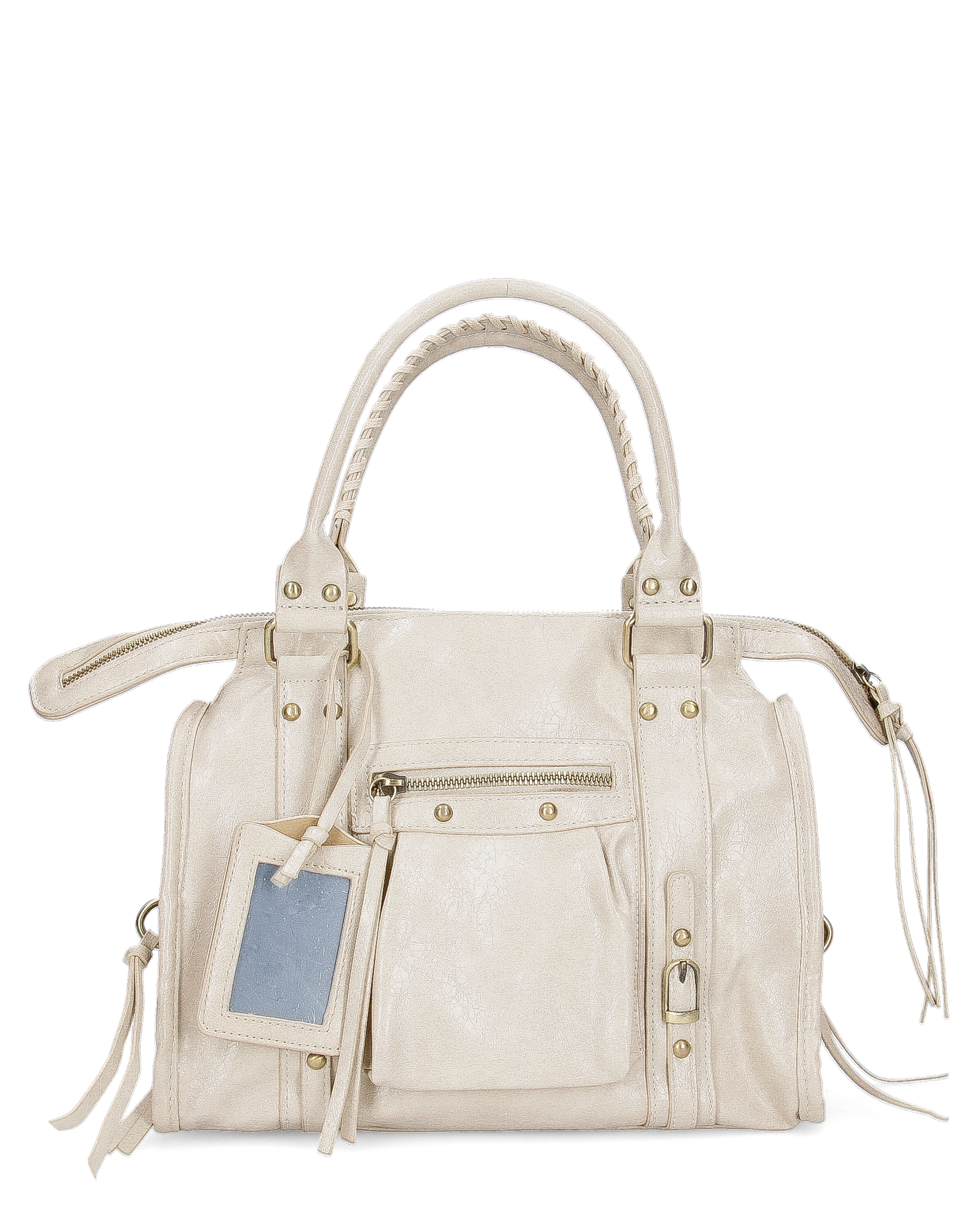 SKYLAR - Versione Grande - borsetta a mano beige chiaro con zip e frangette