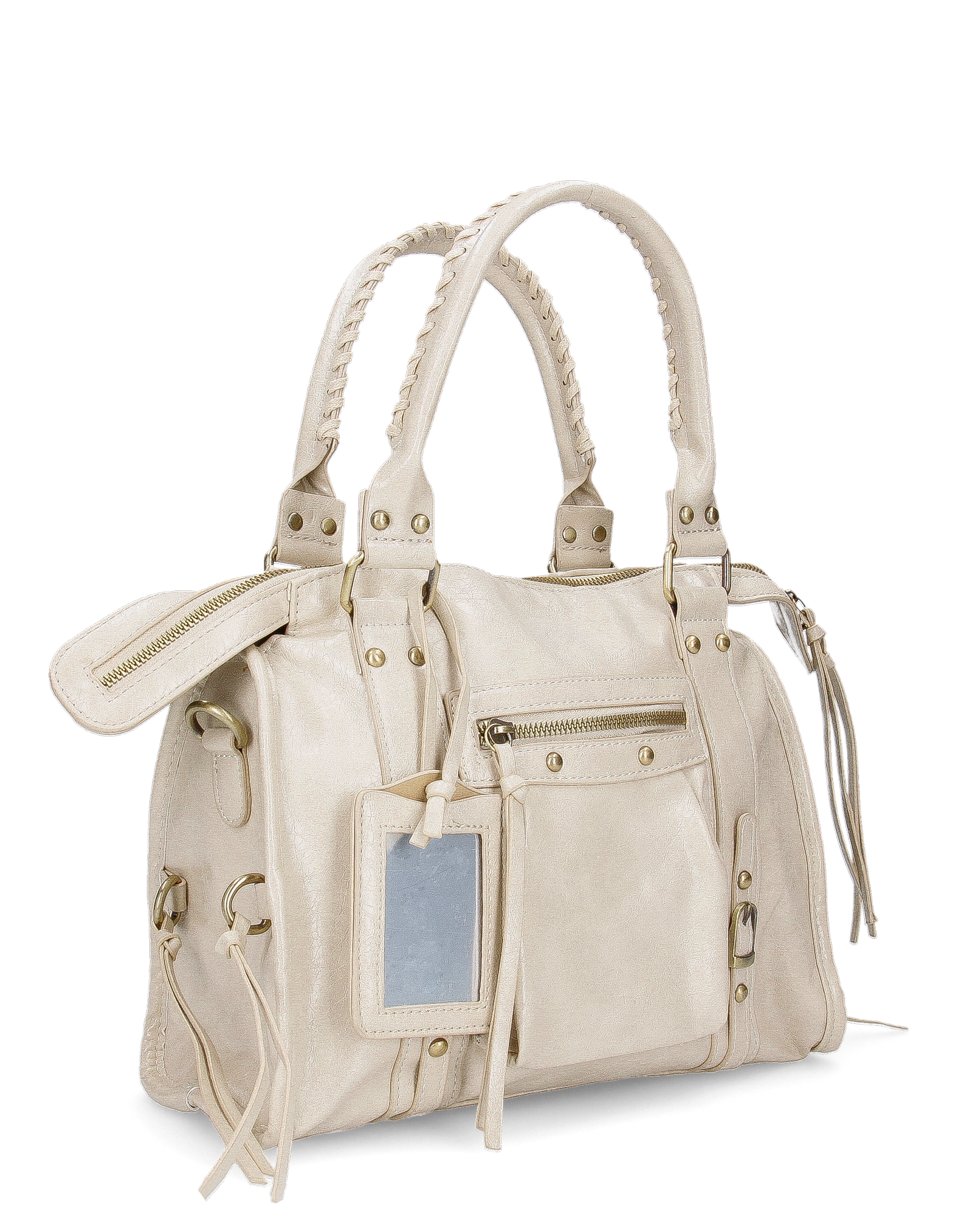 SKYLAR - Versione Grande - borsetta a mano beige chiaro con zip e frangette