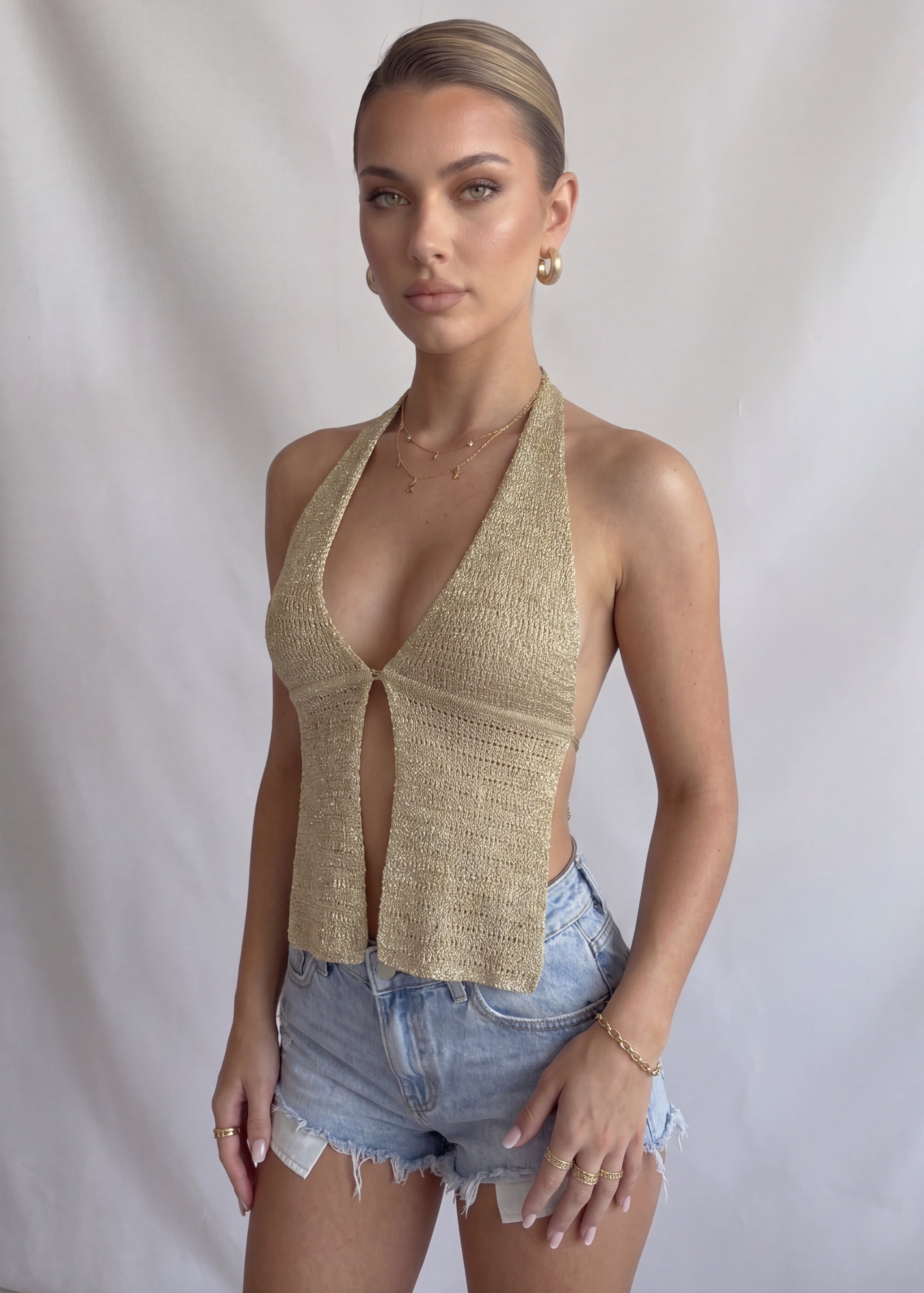 SUMMY - top effetto crochet con schiena scoperta beige oro