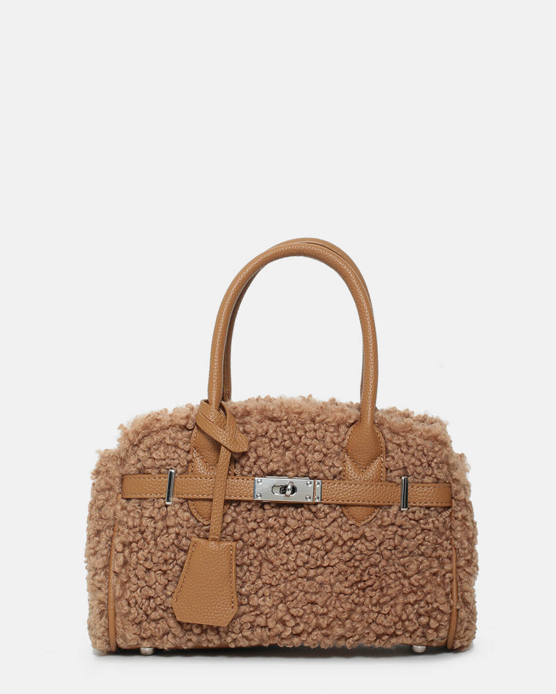 TAMARA - borsa a mano materiale teddy in taupe e finiture argento