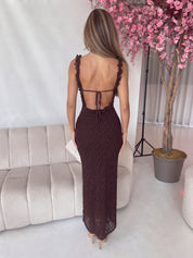 TAMMY - abito vestito midi in pizzo marrone con spacco con ruches