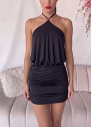 TEAGAN - vestito nero con scollo drappeggiato