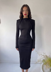 ZALINDA - abito vestito midi con spalline imbottite in nero