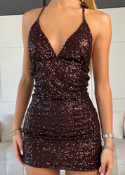 ZOLA - vestito corto scollato in paillettes marroni
