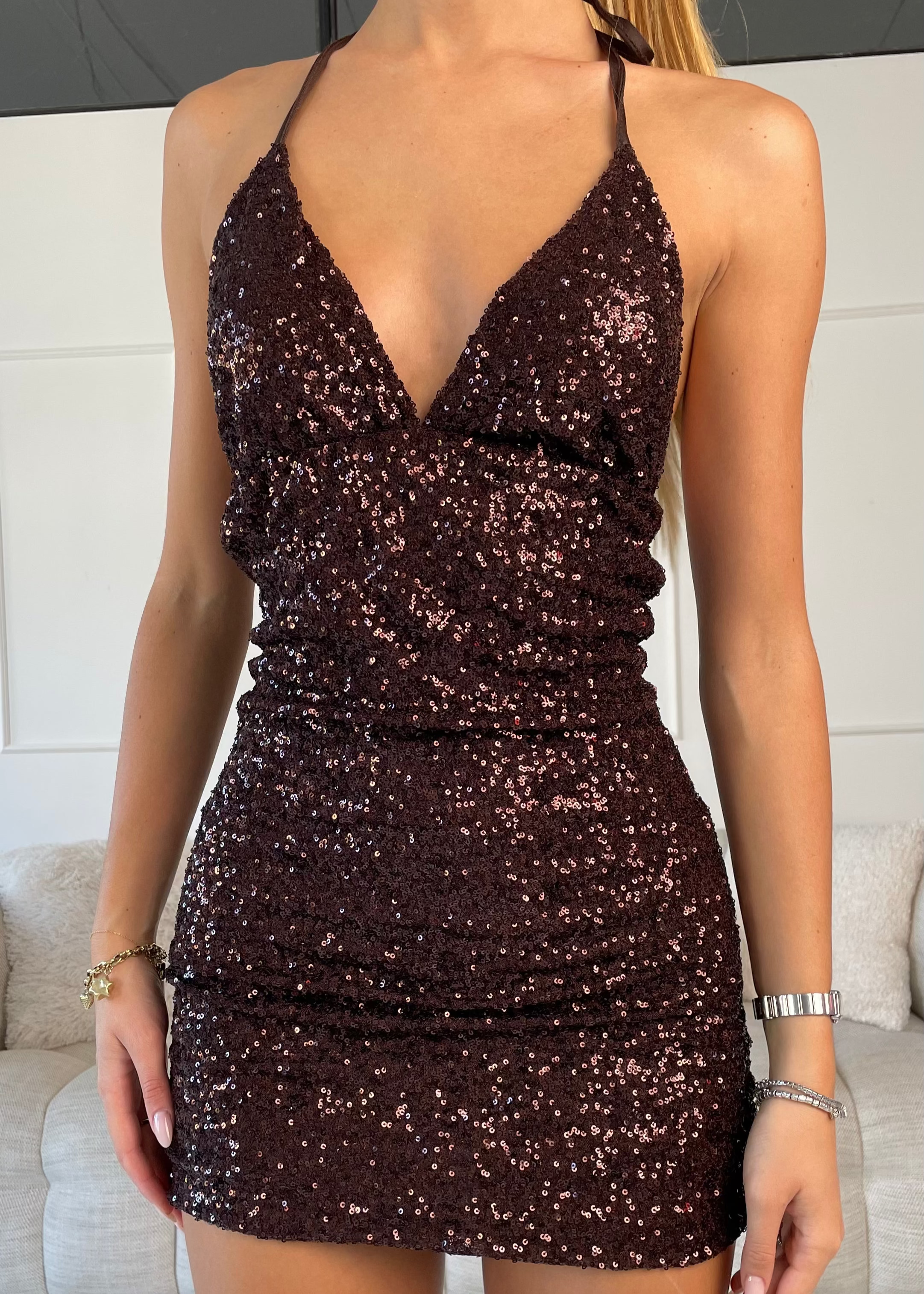 ZOLA - vestito corto scollato in paillettes marroni