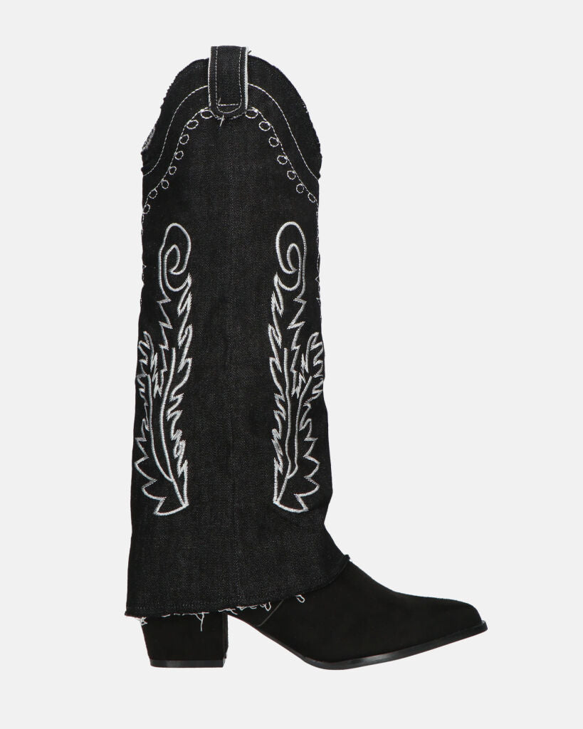 FRANCYS - stivali camperos alti in tessuto denim nero con ricami