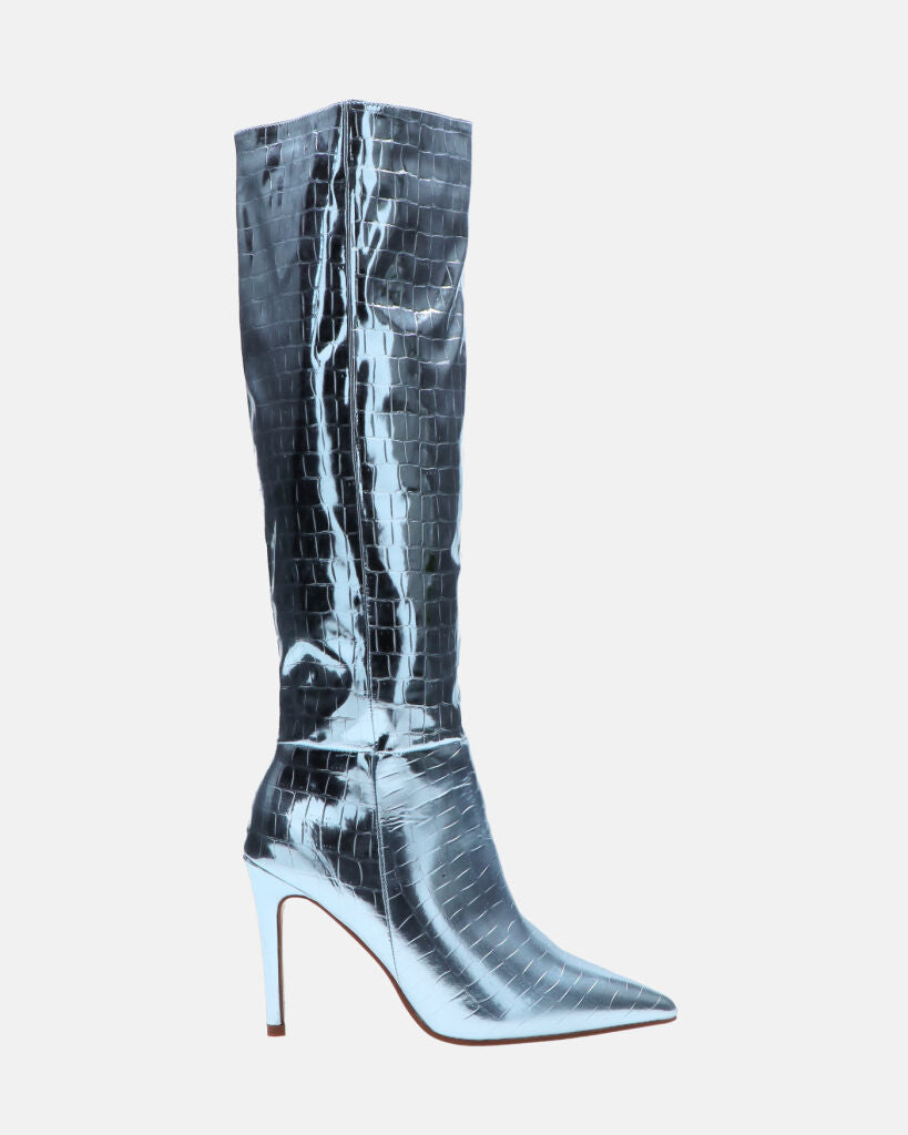 LOLY - stivale con tacco in coccodrillo blu metallico