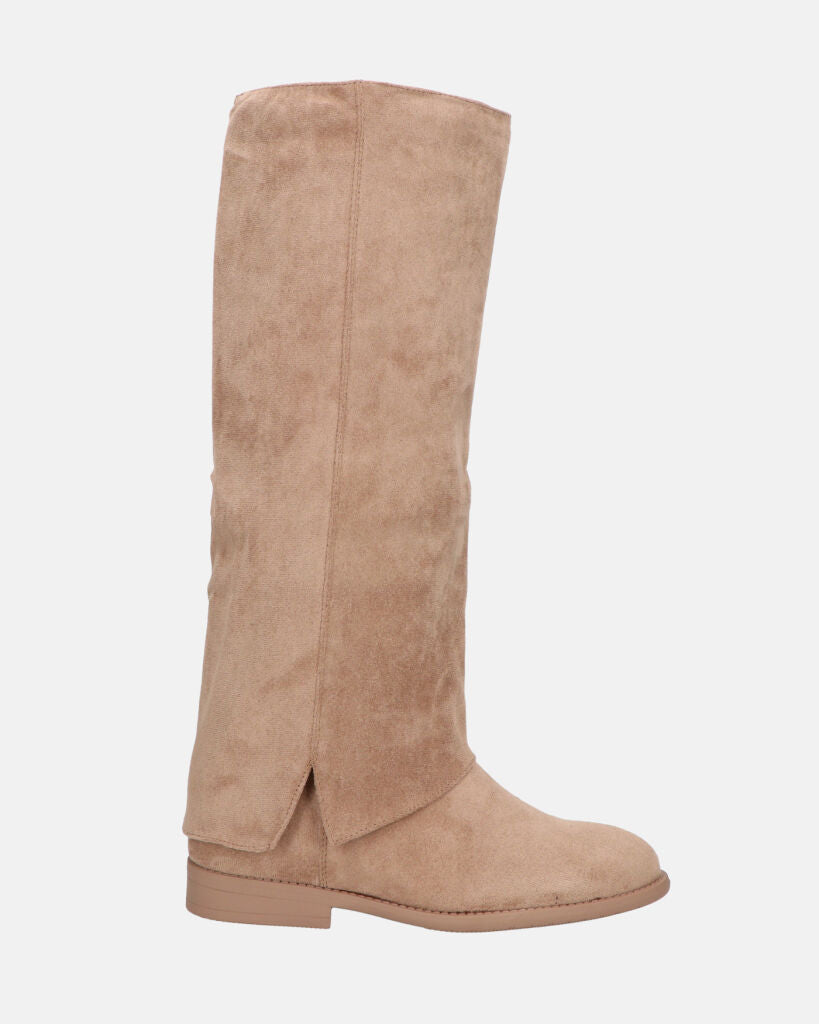 QUERIDA - stivali in camoscio beige con risvolto e cerniera interna