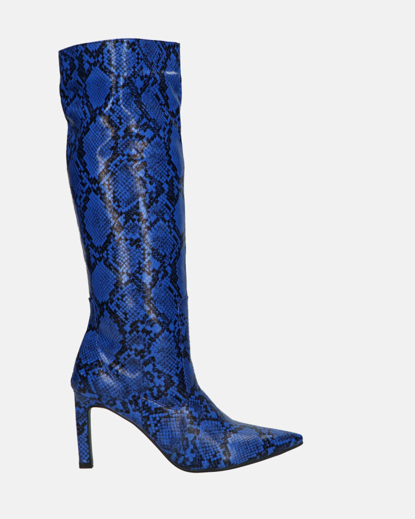 CAROLINE - stivale alto con tacco in blu pitonato