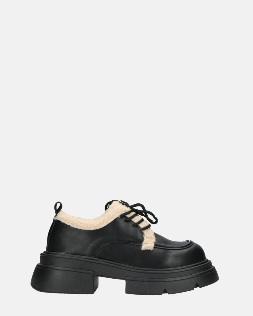 ASHLEY - scarpe basse mocassini platform nere con inserto in pelliccia