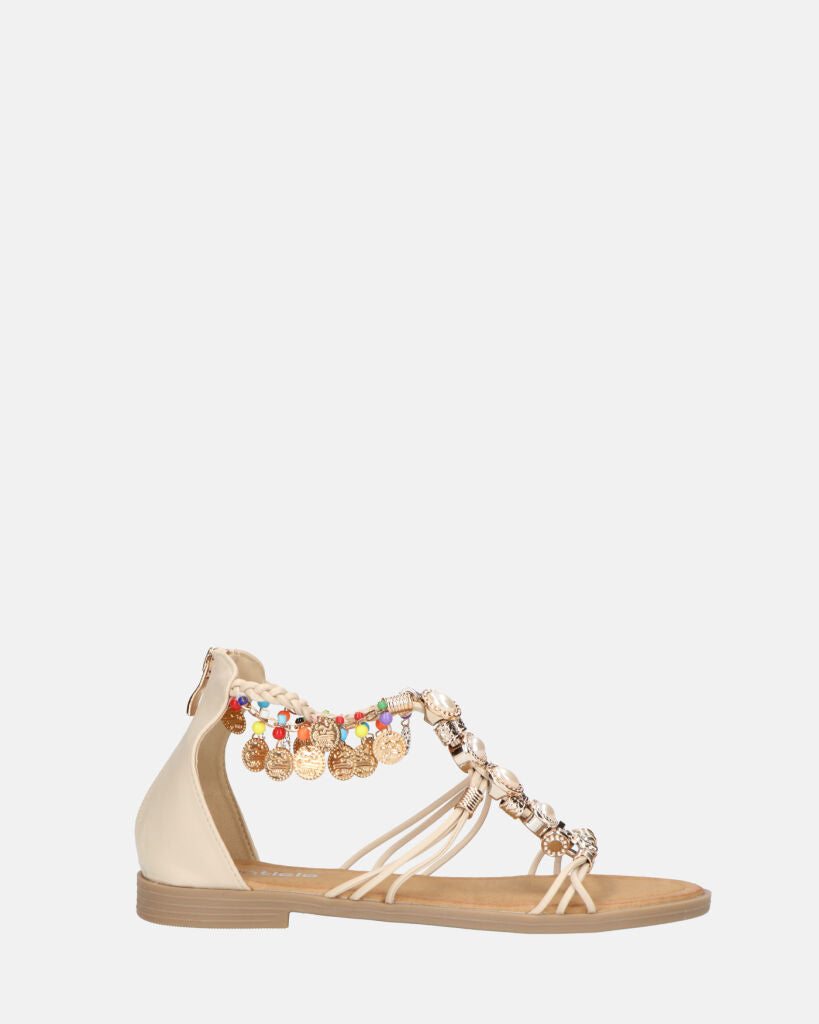 PAULA - sandali aperti beige con cerniera posteriore e gemme colorate
