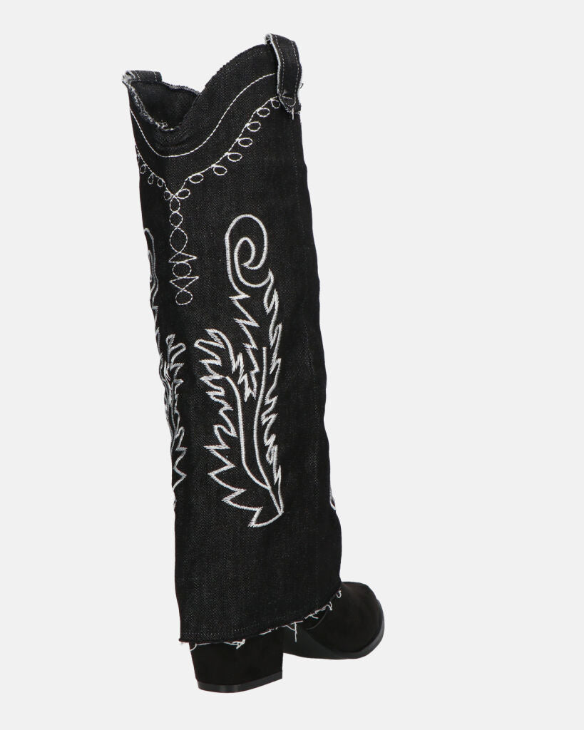 FRANCYS - stivali camperos alti in tessuto denim nero con ricami