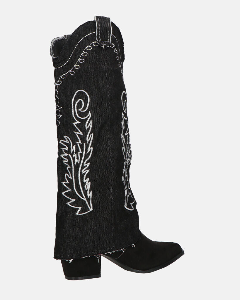 FRANCYS - stivali camperos alti in tessuto denim nero con ricami