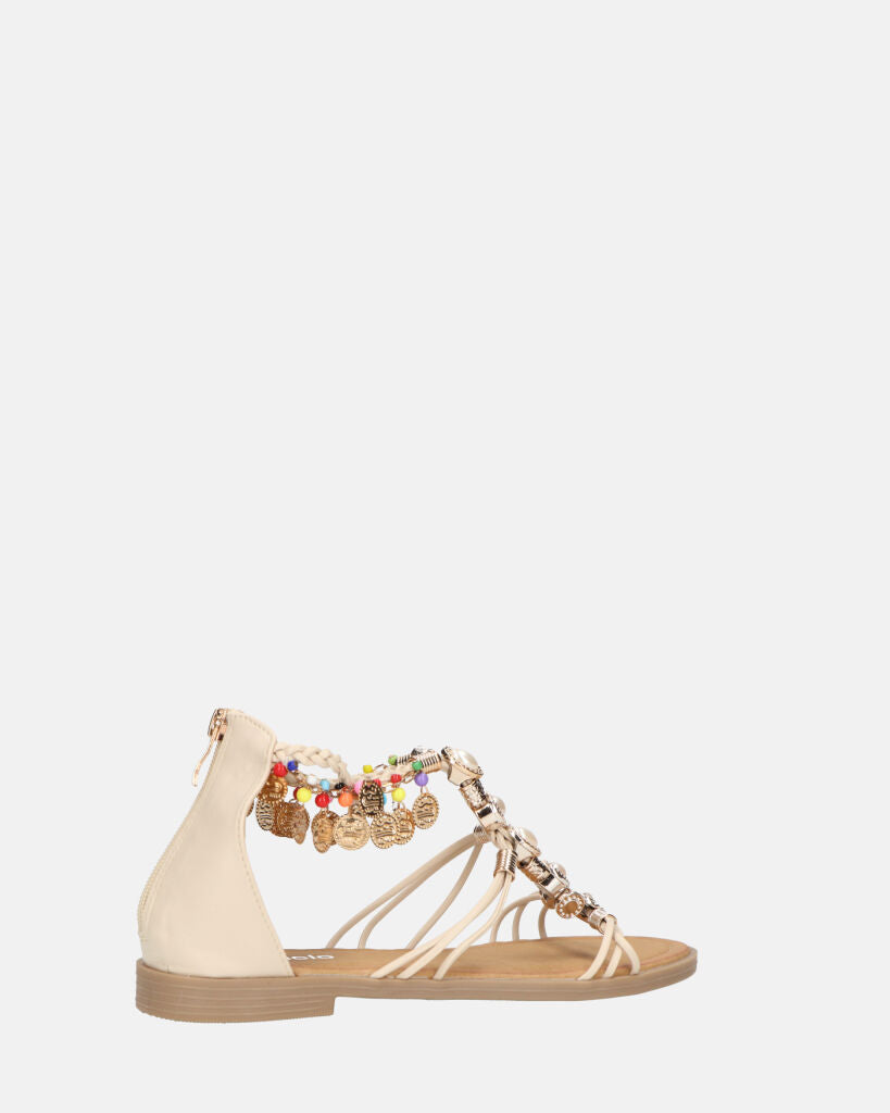 PAULA - sandali aperti beige con cerniera posteriore e gemme colorate