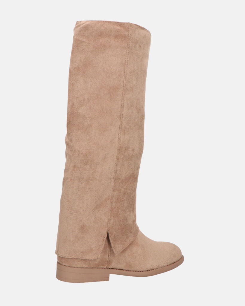 QUERIDA - stivali in camoscio beige con risvolto e cerniera interna