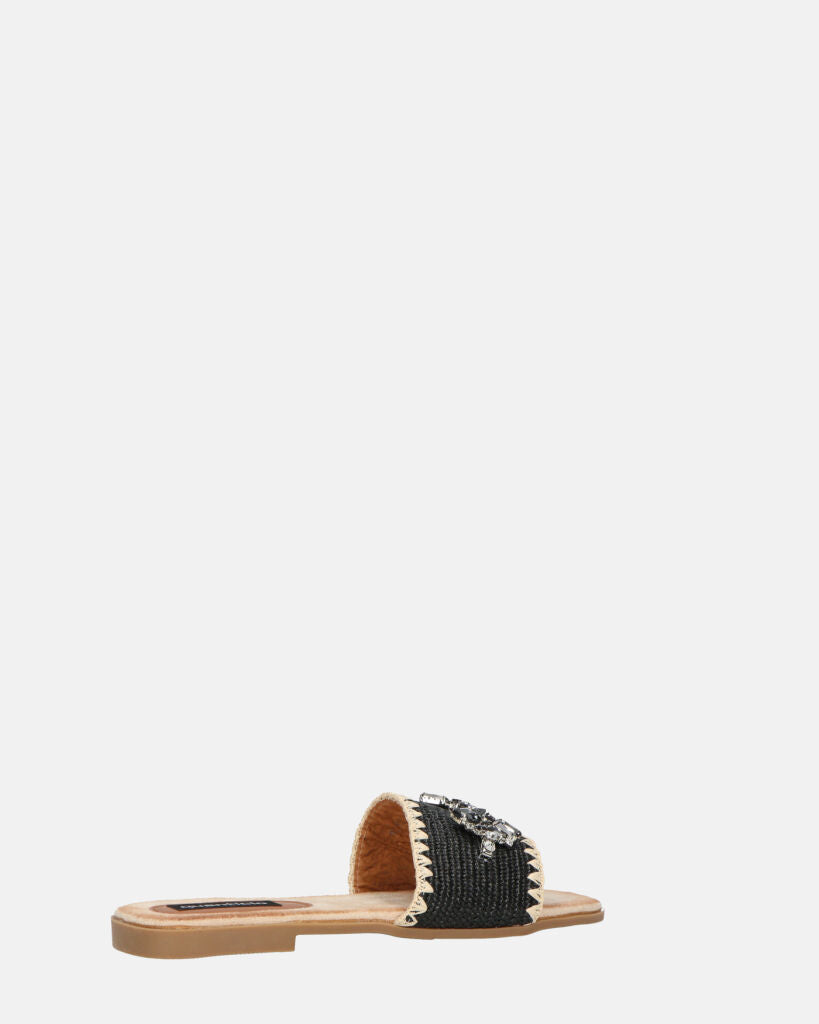 ROZENN - ciabattine beige con fascia nera ricamata e gemme