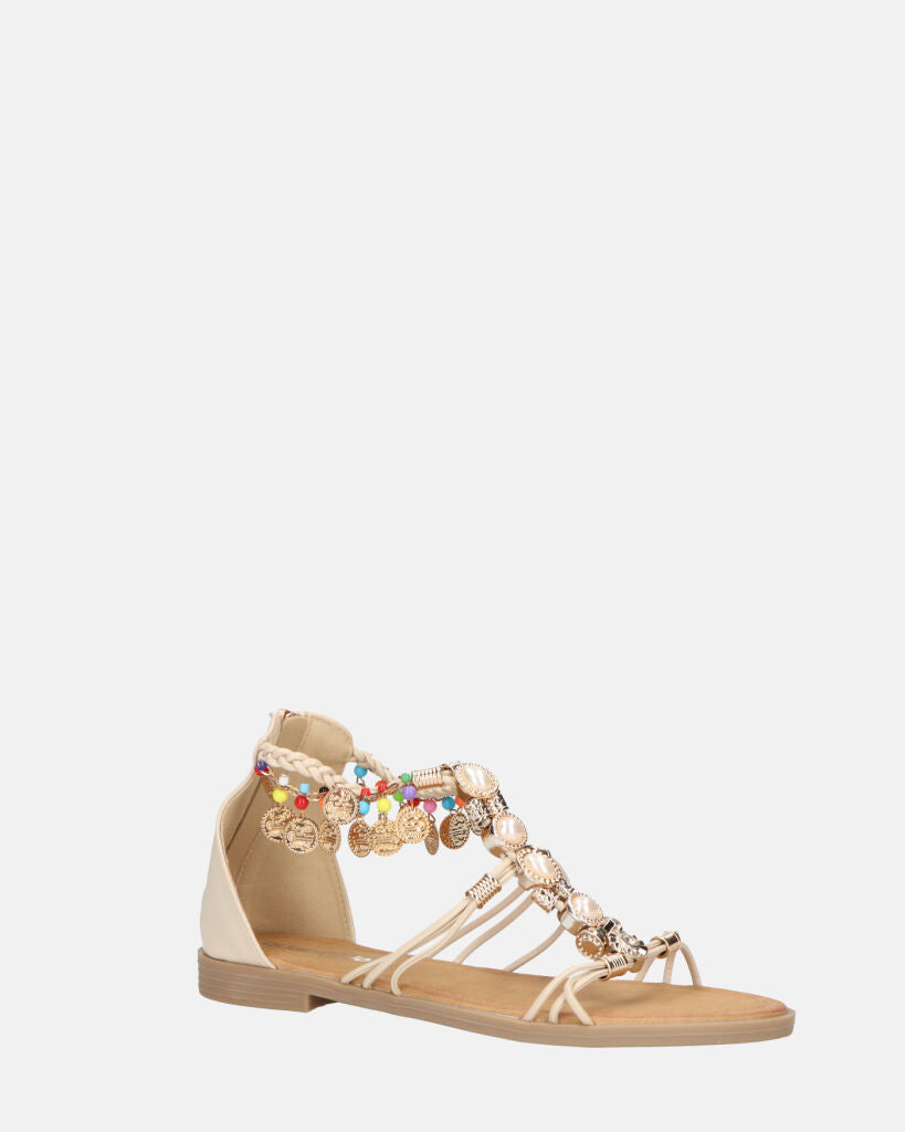 PAULA - sandali aperti beige con cerniera posteriore e gemme colorate
