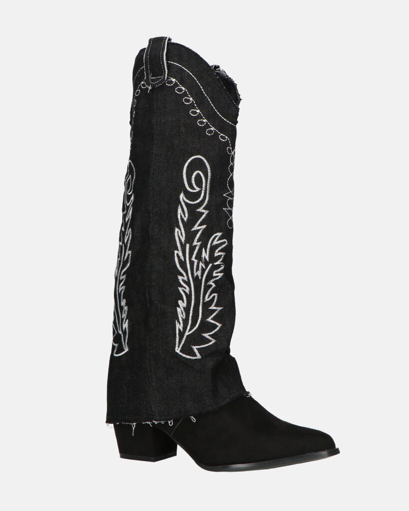 FRANCYS - stivali camperos alti in tessuto denim nero con ricami