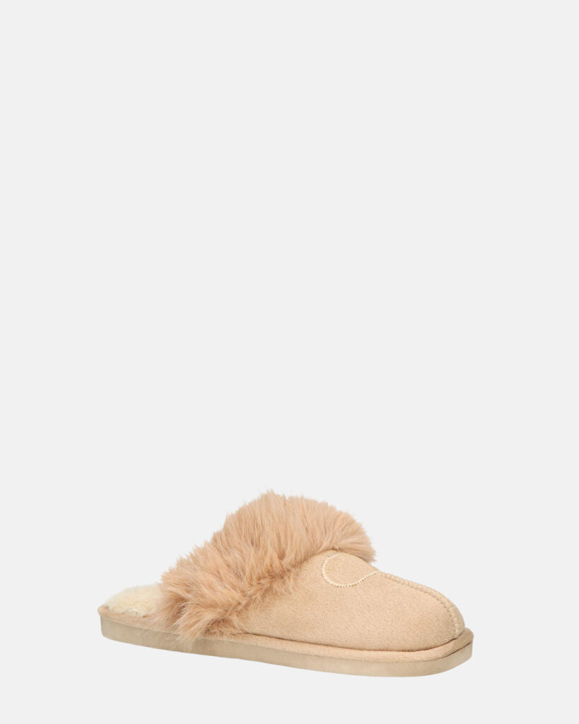 MIDORI - pantofole beige con pelliccia e camoscio