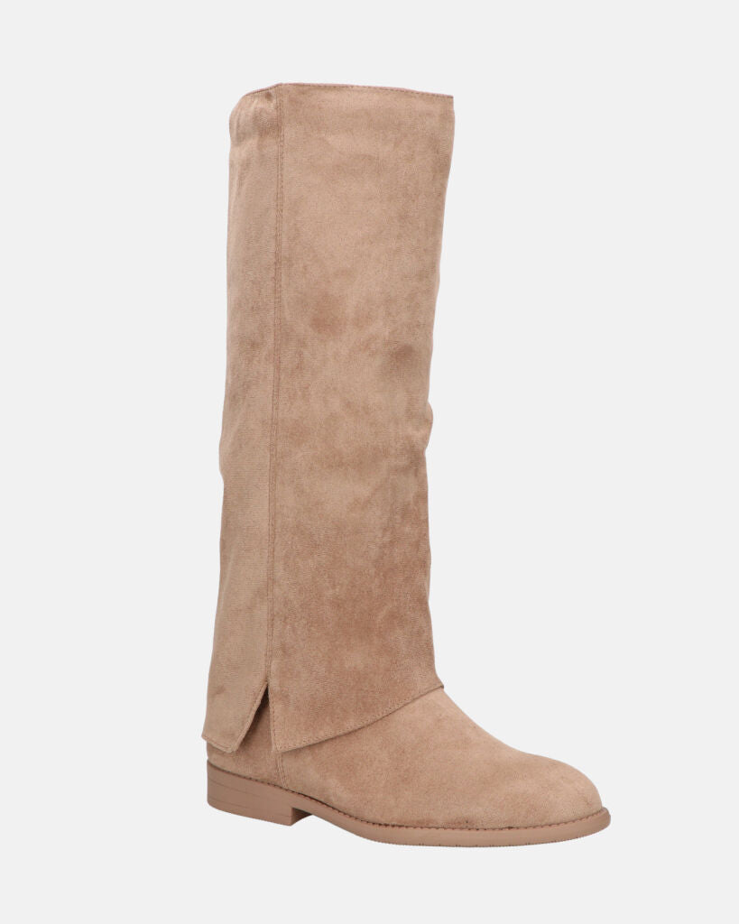 QUERIDA - stivali in camoscio beige con risvolto e cerniera interna