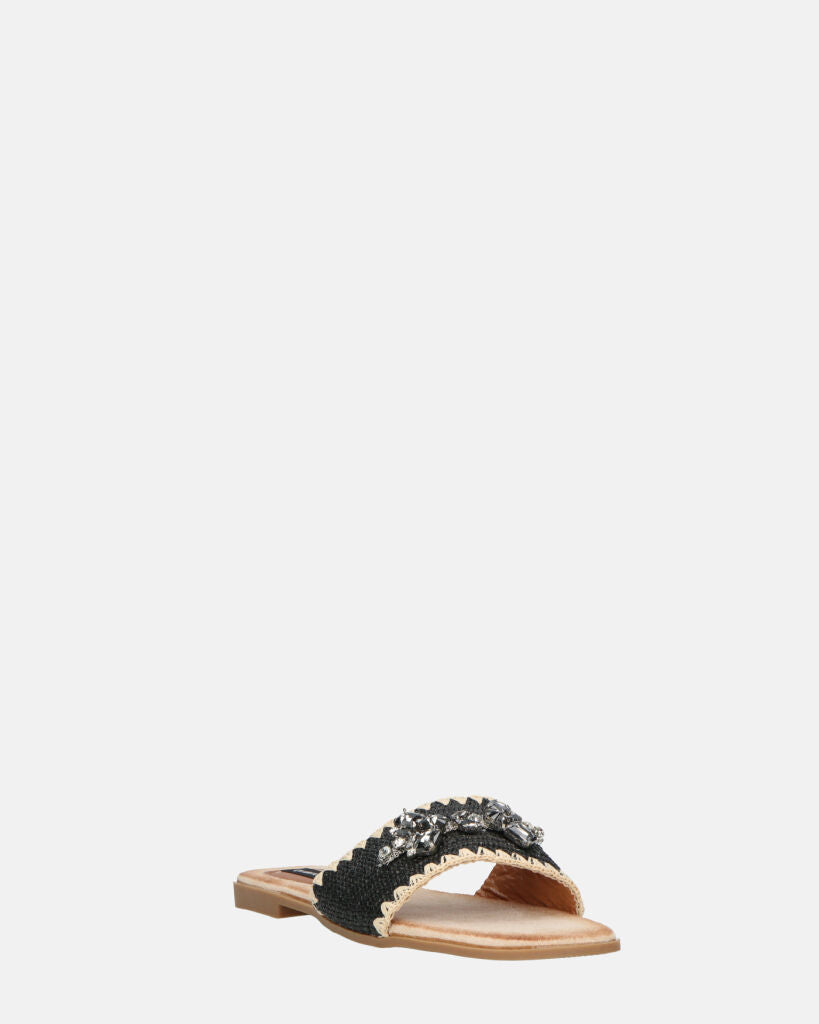 ROZENN - ciabattine beige con fascia nera ricamata e gemme
