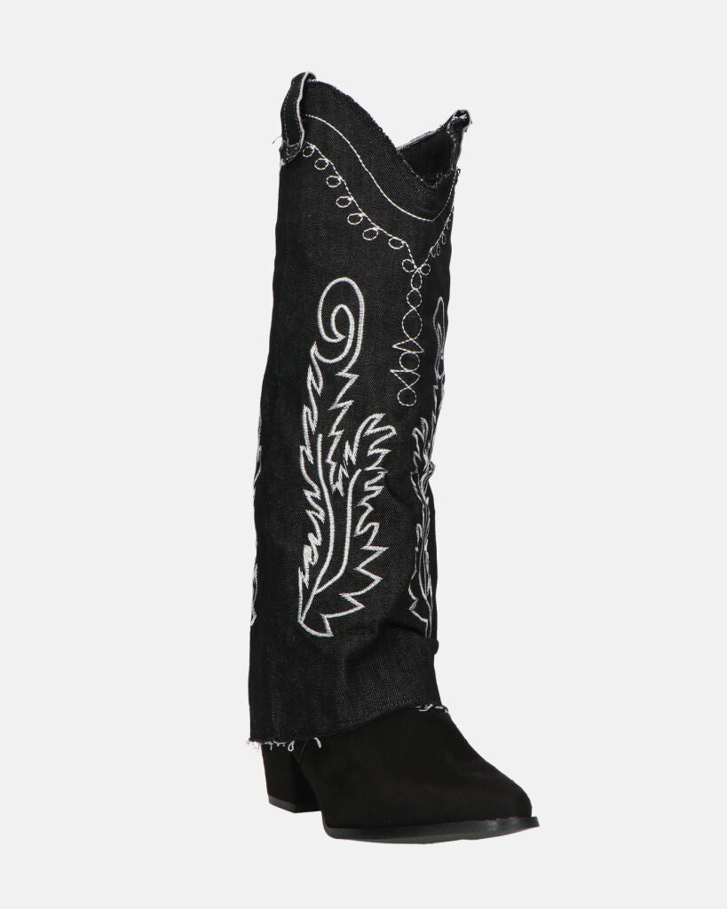 FRANCYS - stivali camperos alti in tessuto denim nero con ricami